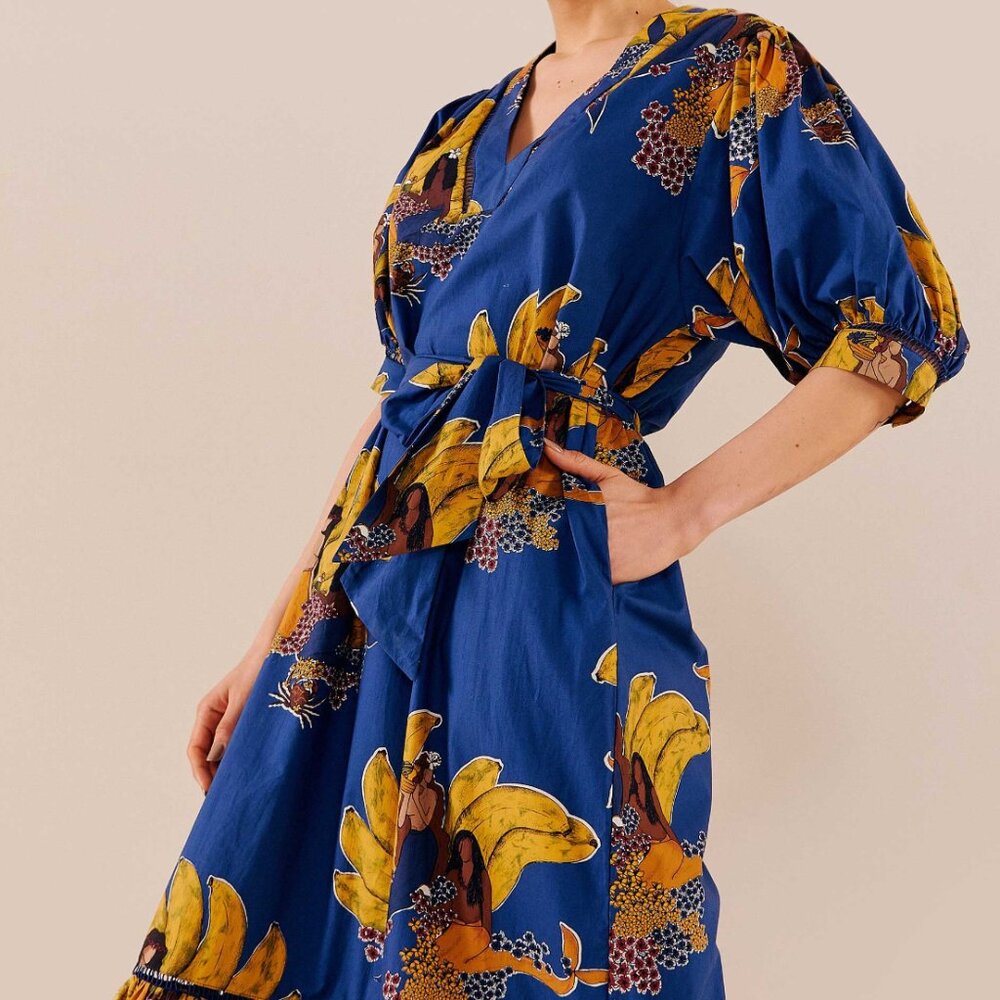 FARM Rio Blue Mermaid Bananas Midi Dress | size S